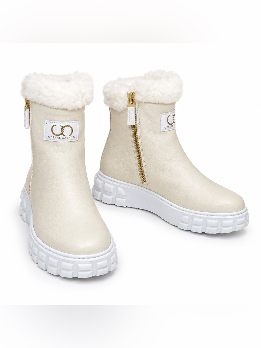 Casadei Women’s Cream Soft Leather Shearling-Trim Lamb Fur Platform Ankle Boots